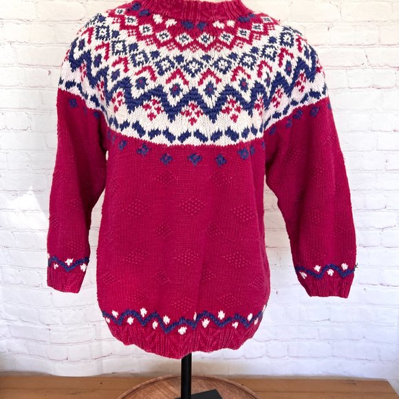 80's Izod Pullover - Pink Fair Isle - Size Small - Handknit - Picture 2 of 8